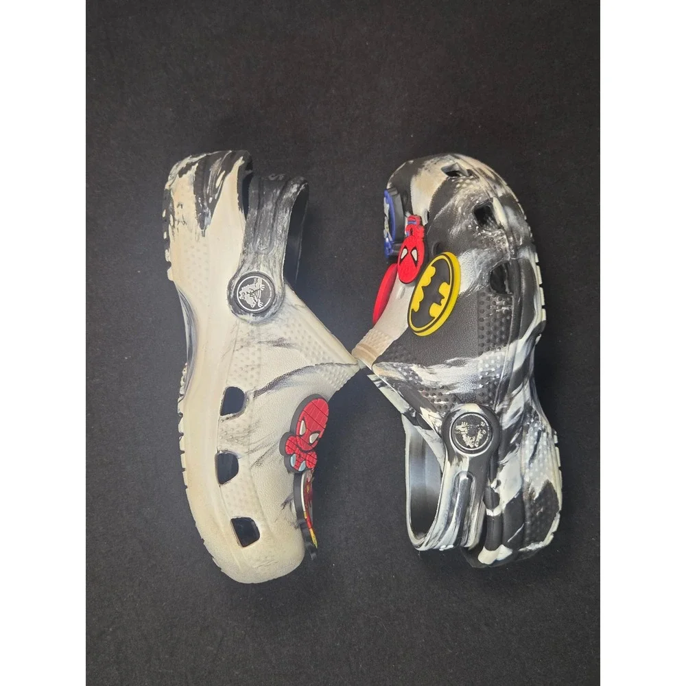 Crocs Kids Classic Marbled Clog Black White Superhero Jibbitz Size C9